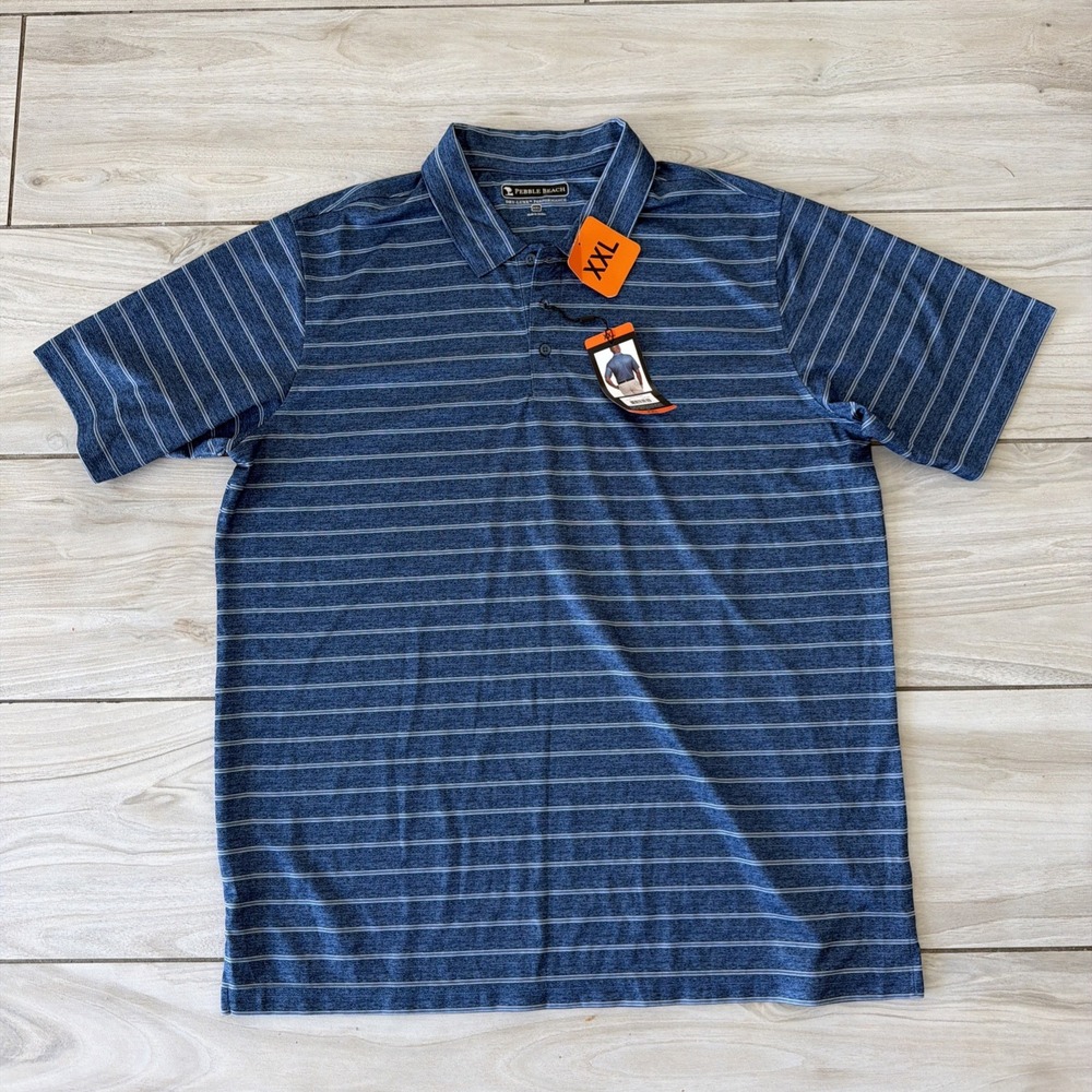 Pebble Beach Dry Luxe Performance Men's Polo Shirt Blue Stripe XXL BRAND NEW